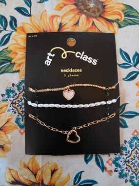 art class Rose Gold Layered Necklace Set with Pink Heart and Pearl Beads